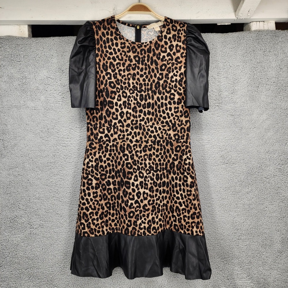 MICHAEL KORS‎ Leopard Print Faux Leather Sleeve Fit Flare Dress Women's Medium